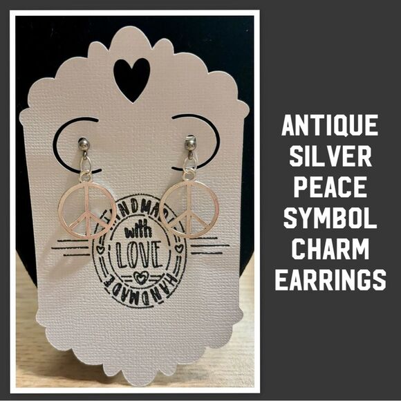 Antique Silver Peace Symbol Sign Earrings - Picture 1 of 2